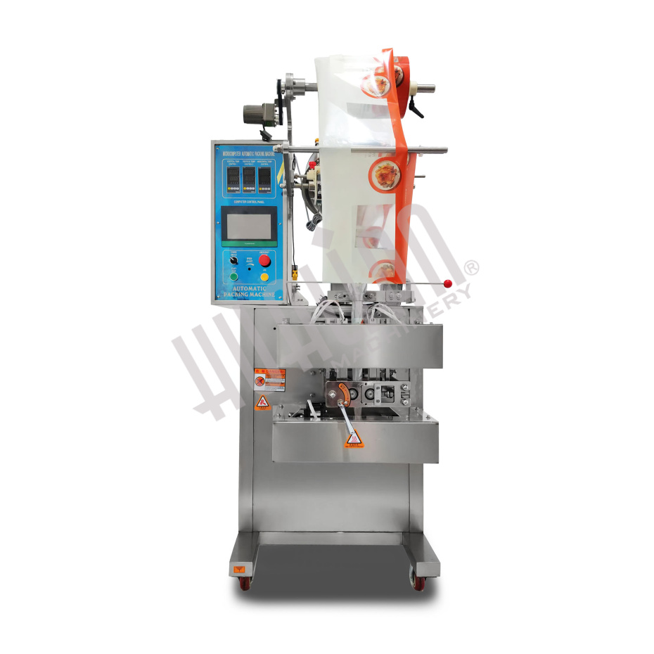 Автоматическая фасовочно-упаковочная машина DXDF-320RH-E (нерж., 4-х шовн. пакет, 15-100 мл, W пленки 240 мм, насечка, зубч. нож) Hualian - Купить с доставкой по всему Казахстану